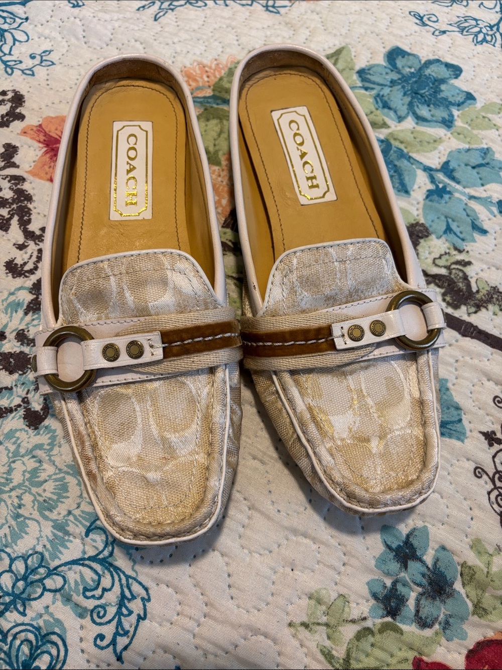 Coach Beige Signature Canvas Loafers with Brown Trim and Gold Accent